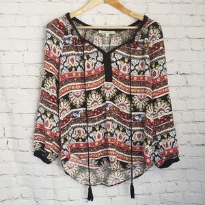 Daniel Rainn Boho Bohemian Flowy Tunic Top Geometric Hippie 70s Long Sleeve